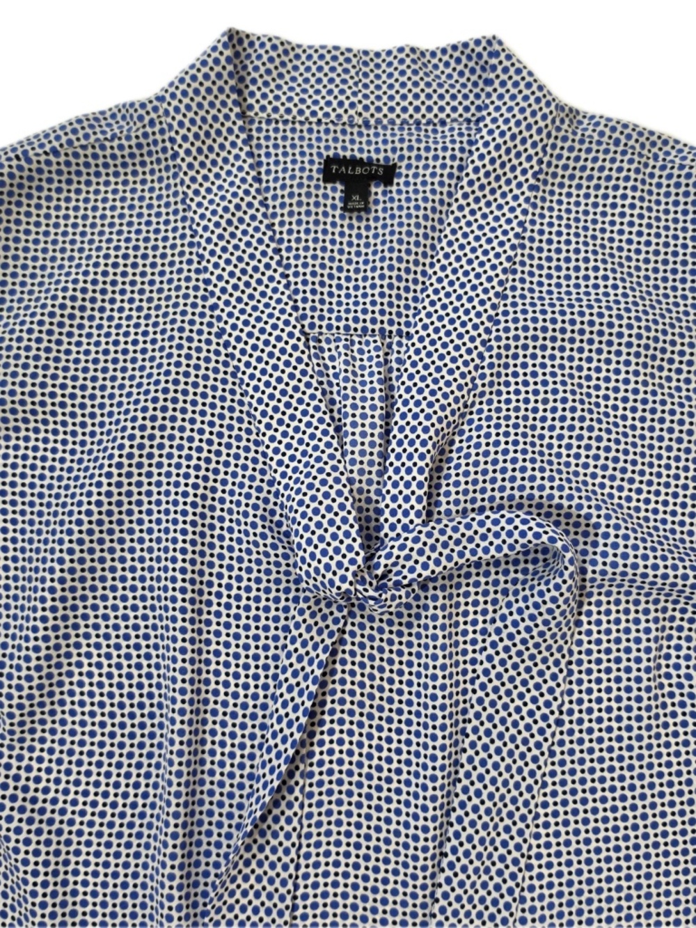 Talbots Blouse Womens XL Blue Polka Dot V-Neck Sleeveless Polyester Bow Pleated - Picture 3 of 5